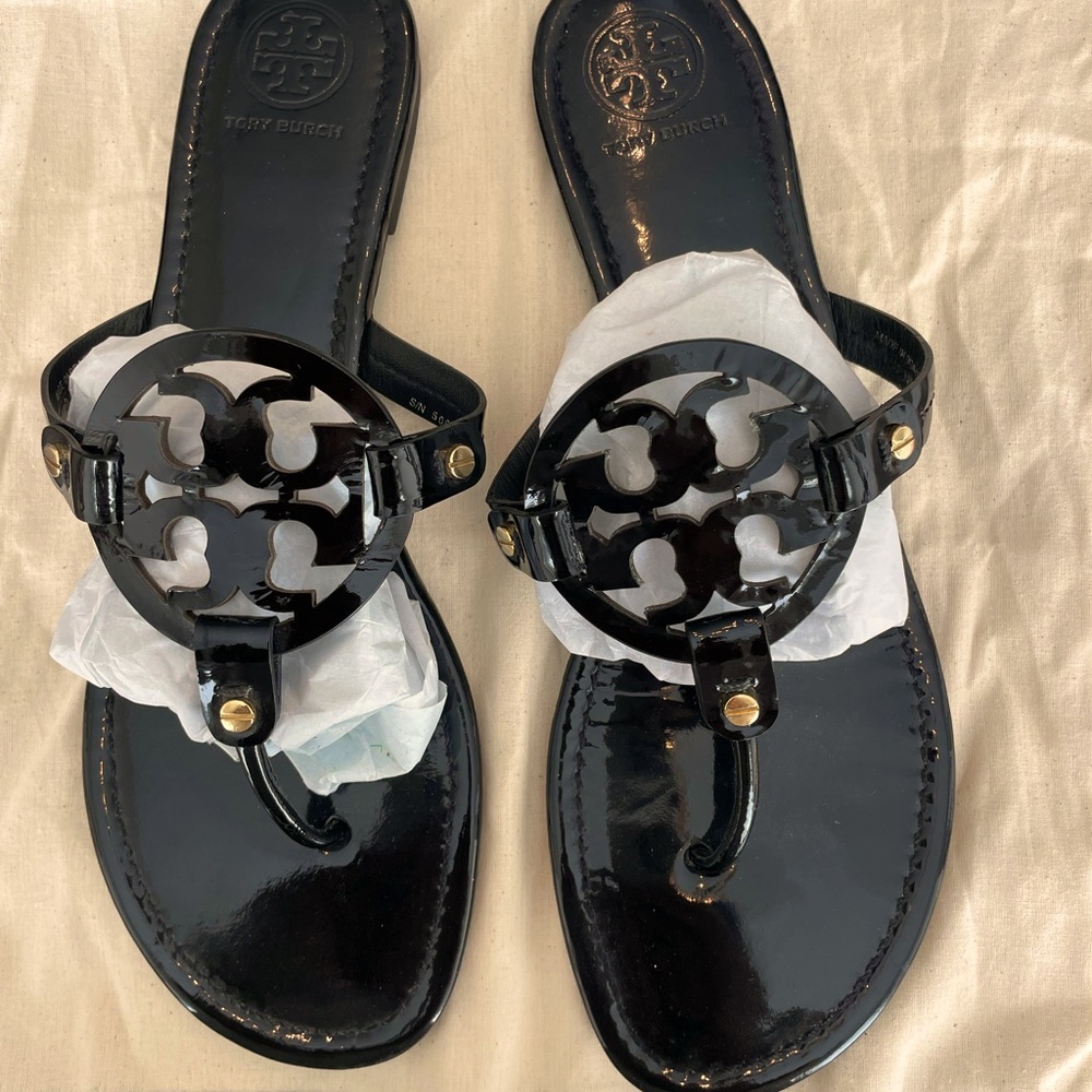Tory Burch black patent leather Miller Sandal